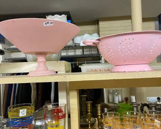 Pink painted wood bowl, metal colander 