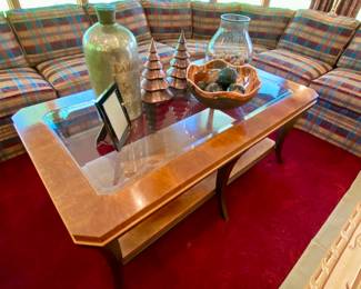 Henredon coffee table, Nambe accessories and Pottery Barn