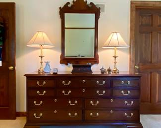 Master bedroom set by Councill Craftsmen includes dresser, mirror, chest of drawers, king size poster bed, two nightstands and mattress and box springs 