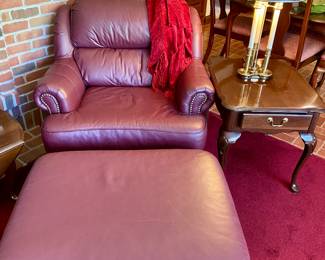 Ethan Allen leather chair with nailhead trim and matching ottoman