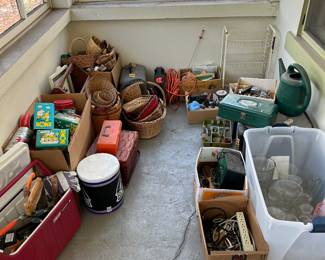 Tools, baskets, tins and vases