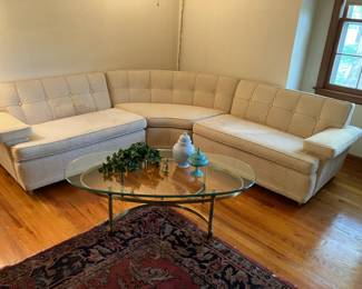3-piece sectional sofa , brass and glass table
