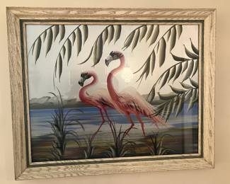 Large framed pink flamingos print