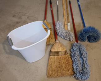 Waste basket, corn brooms, dusters, yard sticks.