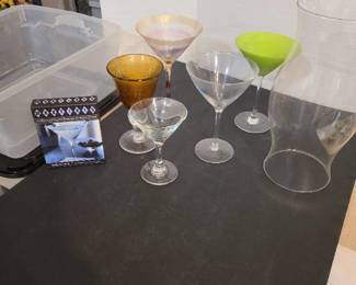 Martini glasses with fifty martini recipe cards, a 12 in. tall glass hurricane and a plastic storage tote