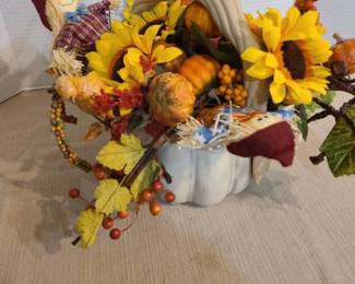 Ceramic pumpkin basket with autumn decor 10 in. tall