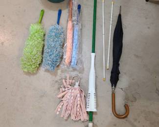 Dusting wands, mop, bucket, umbrella
