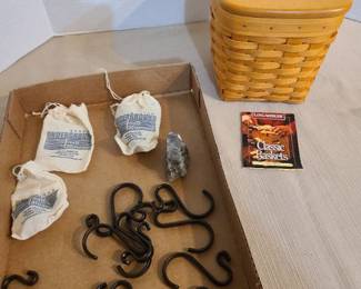 Longaberger tissue basket with wooden lid, metal shower rings, salt from the Hutchinson salt mines.