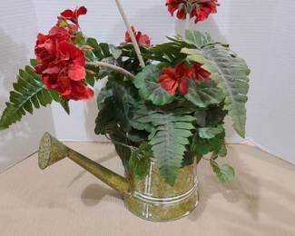 Faux geranium in tin pitcher 18 in. tall