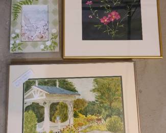 Three pieces wall decor. The lower one is an original watercolor signed by D. Lambert, two are 16 x 20, one is 10x8.