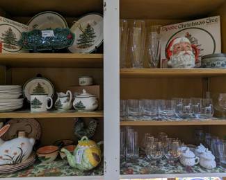 Spode "Christmas" china set, Japanese Bunny liquor decanter, assorted stemware and more pot de cremes. 