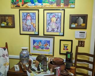 wall or artwork wonder in the kitchen, a large piece by Rena Sartain, entitled "Tie Tacky" and trio of watercolors, by Sea Island, GA artist, Betty Lowe, "Mammy Fishing", "Mammy Feasting with Friends" and "Mammy Cooking" and "I Ain't No Cartoon Dog" by Rodrigue, 1994.