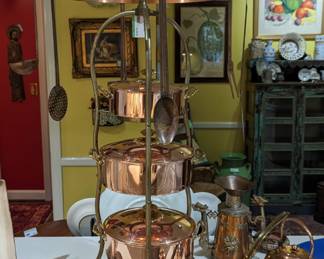 Tower-of-copper power in the kitchen! A wonderful 4-piece set of Italian copper/tin cookware, oval fry pan, mini sauce pot for warming butter and a Mauviel (France) teapot. 