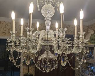 Antique English crystal chandelier (ca.1900) measures 38" T x 34" W.