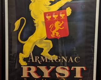 LOVE this large, 1930's original European advertising art poster, for Armagnac Ryst de Hart Parage; cost of $1,500.00, just to frame this thing, 37 x 59".             Original Armagnac Ryst - de Haut Parage vintage poster.                                   This great lithographic image features a lion holding both a shield which is a lion on a shield and a sparkling glass of Armagnac. Original old French vintage poster in excellent condition and nicely framed; linen backed, Grade A condition. Printer: Damour Château Cugnac is home to the Armagnac Ryst-Dupeyron production. Condom is an old town. It has a population of about 9000. Many buildings that are still occupied in the center of the town date back to XVI-XVII centuries. The lion sits on a black background and it does have a blue glow around the image. This Armagnac Ryst - 'de Haut Parage" is an Original Vintage Poster; it is not a reproduction. 
