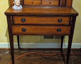 Antique English inlaid mahogany writing desk, with tambour doors open....