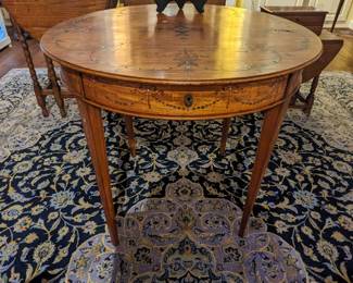 GORGEOUS ca. 1860 Hepplewhite style satinwood center drum table, with single drawer. The inlay work on this table consists of mixed metals, wood, mother-of-pearl and abalone - exquisite work! 