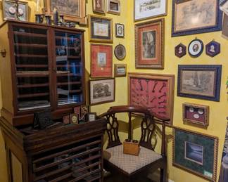 Antique American wood/glass bobbin chest, with mirrored sides, by J. N. Leonards Silk wooden with 12 wooden shelves, mahogany corner chair, original framed art, intaglios, framed key collection and antique French table lamp, with capiz shell shade and porcelain flowers. 