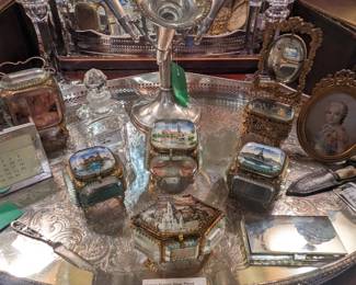 Vintage English silver plated gallery tray with collection of beveled glass reliquary boxes. 