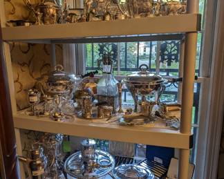 Mostly silver plated holloware, serving pieces, chafing dishes, tea sets, barware, English flatware in presentation boxes, etc.