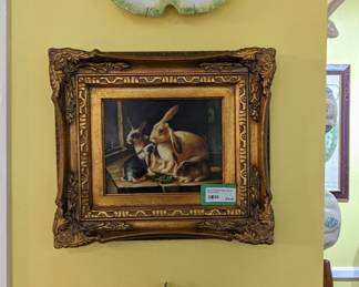 Nicely framed original oil on canvas bunny, metal wall pocket floral thing and hand-painted Italian porcelain plate.