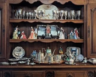 Nice collection of sterling silver goblets, King Henry VIII and wives, by Royal Doulton, antique English oak tray, w/silverplated gallery, good silver plated tea set and silverplated servers. 