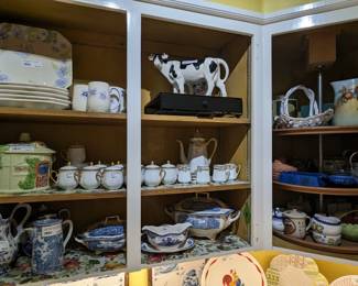 Nice collection of blue/white porcelain, more sets of pot de cremes, hand-painted porcelains, etc.