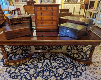 Vintage wood/beveled glass shadowbox display coffee table, with collection of English boxes. 
