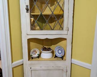 Cute, English wooden corner cabinet, w/stained glass panels.