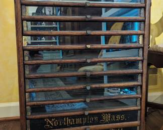 Antique 12-drawer wood/glass spool cabinet, with mirrored sides, by J. N. Leonards Silk, of Northampton, MA, front view...