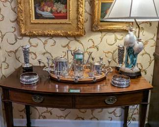 The other of the pair of magnificent antique English mahogany console tables, with two drawers, pencil inlay detail on Marlborough legs, brilliant vintage Fitz & Floyd for Frederick Cooper egrets table lamp, three pair of artist-signed original oils on canvas, all still life fruit, with sterling and silver plated items. 
