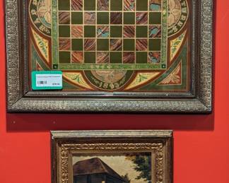 Framed antique 1893 chessboard and an original oil on canvas, by H. Snow.