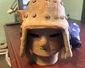 Contemporary Haniwa Warrior Head Helmet - Light Face Figure Head Sculpture