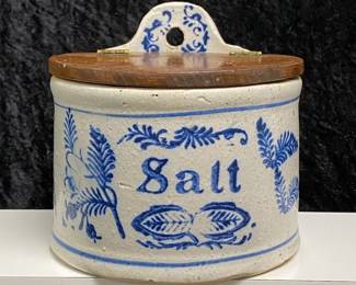 Blue and White Stoneware Salt Container