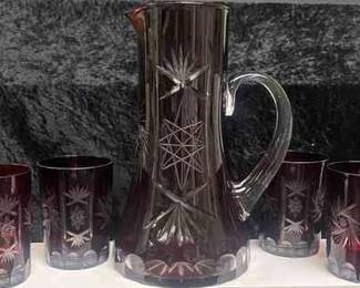Vintage BohemianStyle Ruby Red  Clear Glass Water Pitcher with 4 Glasses