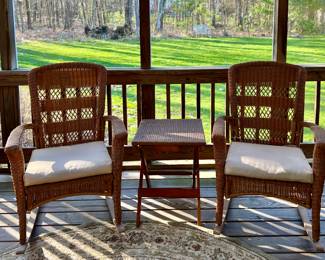 (2) Wicker Rocking Chairs & Folding Side Table