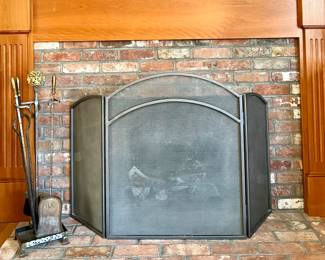 Folding Fireplace Screen & Wrought Iron Tools