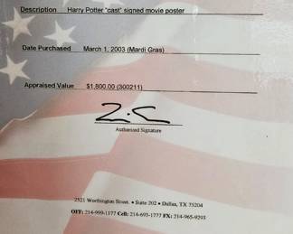 COA for Harry Potter poster in previous picture.