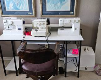 2 Singer table top machines and 1 portable serger sewing machine