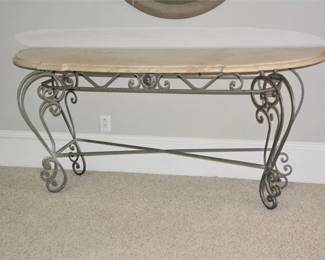 9. Marble Top Demilune Console Table With Scrolled Metal Base