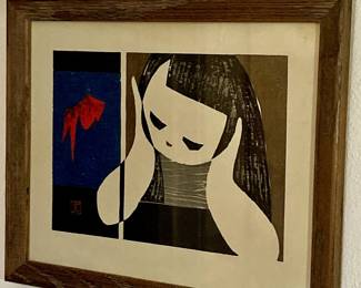 Kaory Kawano girl & goldfish woodblock print