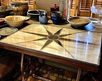 Repurposed stained glass sewing table