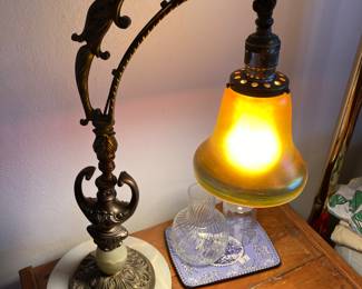 Antique bronze & marble lamp with lustre shade