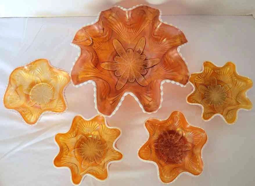  001 Gorgeous Dugan Peach Opalescent Petal And Fan Carnival Glass 5 Pieces Total