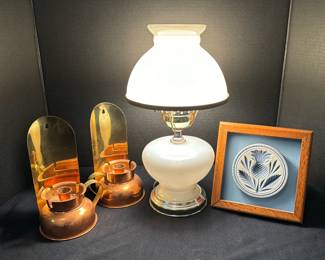 002 Framed Thistle Butter Mold, Glass Lamp Two Copper Candlesticks 