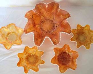  001 Gorgeous Dugan Peach Opalescent Petal And Fan Carnival Glass 5 Pieces Total