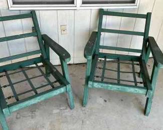 Painted Vintage Green Wooden Sun Chairs no Cushions