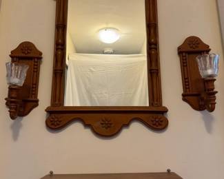 Resin Mirror Sconces And Wooden Shelf  Vintage