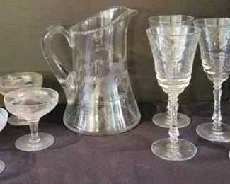 Antique Beautiful Etched Clear Glass Pitcher And 8 Glasses