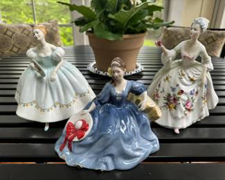 Royal Doulton figurines. L to R: First Dance, Diana, Elyse. All mint; no chips, cracks or crazing.